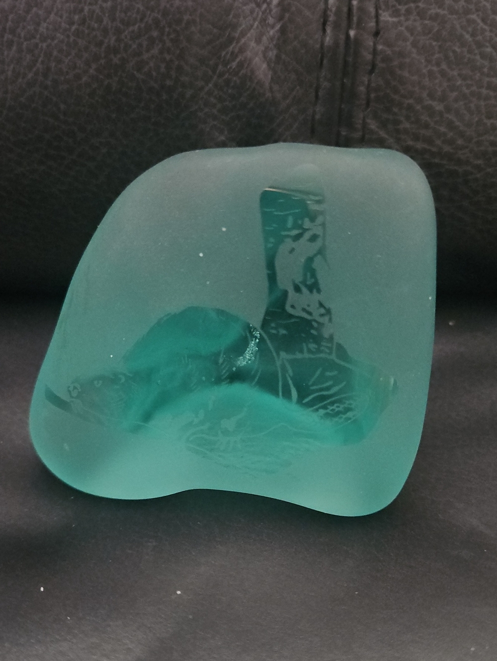 Inuit Vintage Beaver Carved Large Green Glass Paperweight, 3 inches